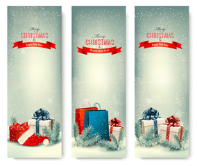 Poster - Christmas winter banners with presents. Vector.
