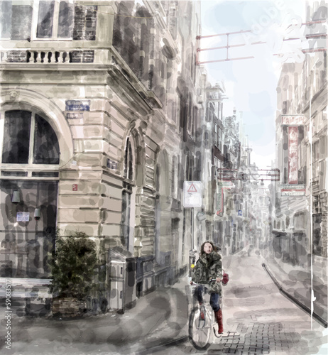 Obraz w ramie Illustration of city street. Girl riding on the bicycle. Water