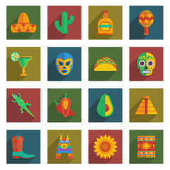 Wall Mural - mexican vector icons sombrero cactus chili pinata taco maraca square clipart isolated on white