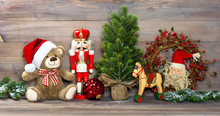 Christmas Decoration With Toys Teddy Bear And Nutcracker