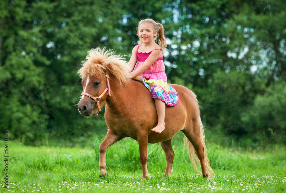 Little girl riding little pony - obrazy, fototapety, plakaty 