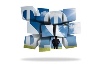 Poster - Businessman and dollar signs on abstract screen