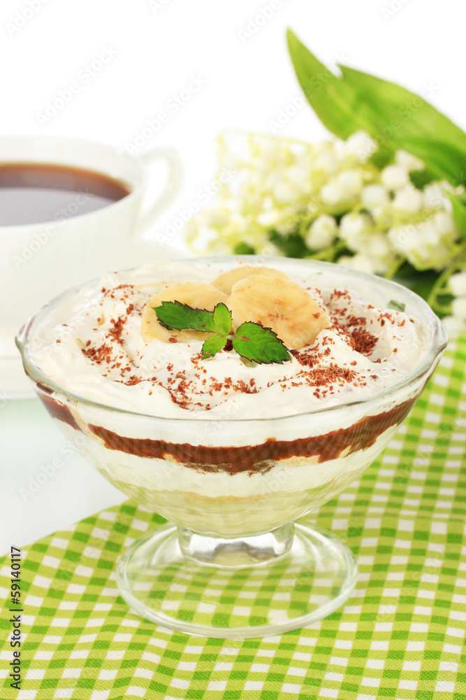 Delicious dessert with banana and caramel