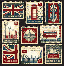 Set Of Stamps With The Flag Of The UK And London Sights
