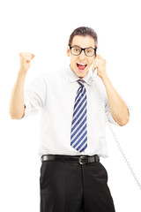 Poster - Happy man talking on a telephone and gesturing happiness