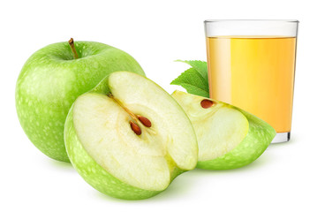 Isolated fruit drink. Cut green apples and glass of fresh juice isolated on white background