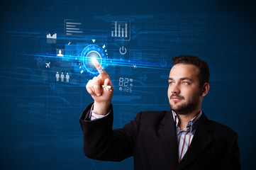 Poster - Handsome businessman touching future web technology buttons and