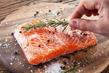 Wall Mural - Salmon filet on a wooden carving board.