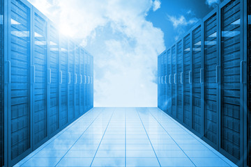 Fototapete - Server hallway in the blue sky