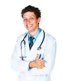 Fototapeta Na drzwi - Portrait of a smiling male doctor with finger up on white