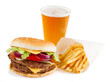 Burger with french fries and  beer