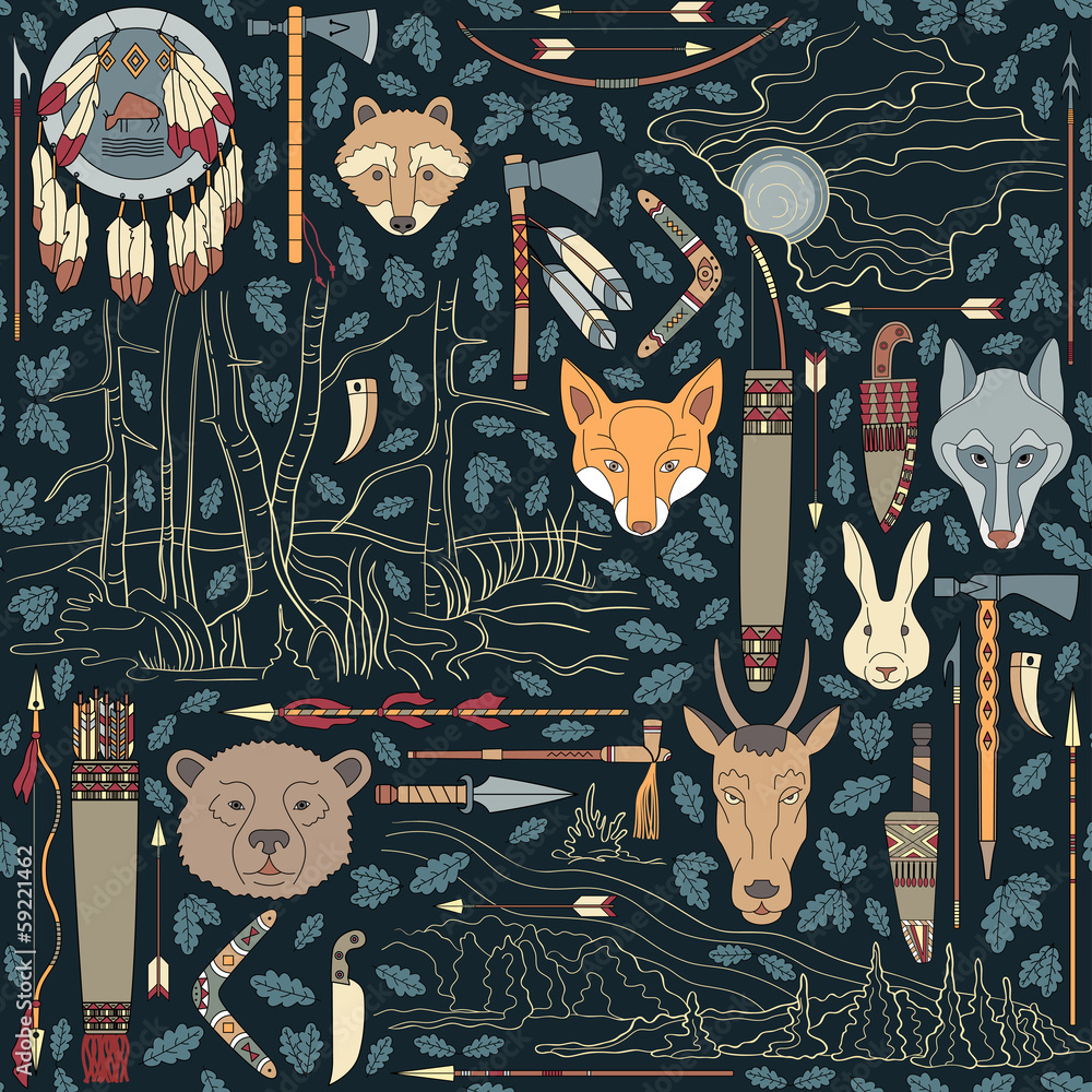 Seamless Native American Pattern With Night Landscapes Background Seamless Native American Pattern With Night Landscapes Background
