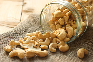 Raw cashews on linen fabric