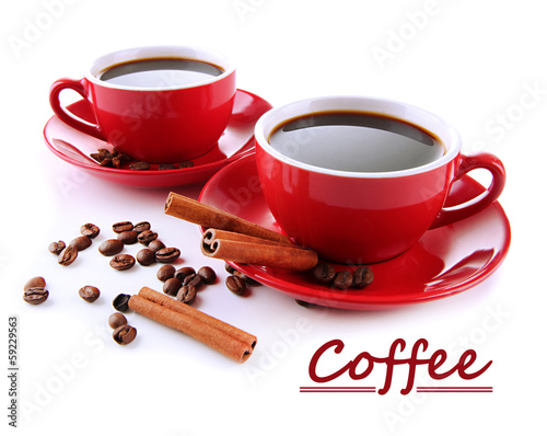 Tapeta ścienna na wymiar Red cups of strong coffee and coffee beans isolated on white