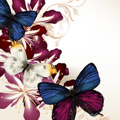 Fototapete - Floral vector background with butterflies and flowers