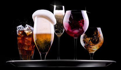 Poster - set with different drinks on black background