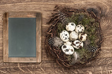 Birds Eggs In Nest On Wooden Background With Blackboard