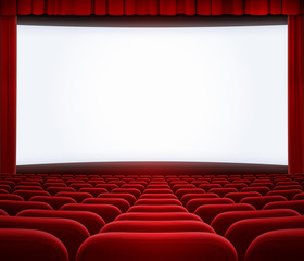 Wall Mural - cinema big screen with red curtain frame and seats