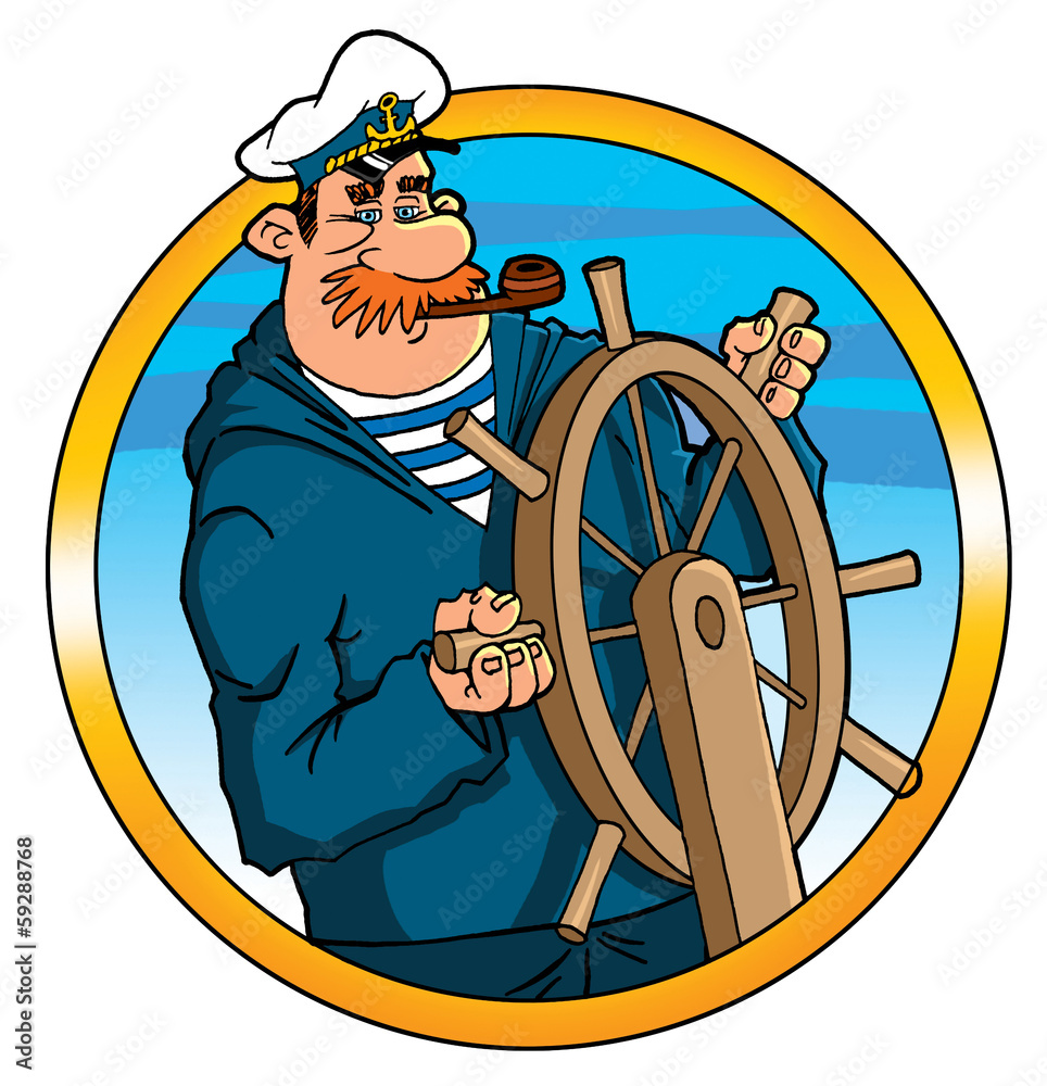captain helmsman sailor at the helm steering wheel Stock Illustration ...