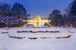 Winter scenery of Abbots Palace in snowy park of Gdansk, Poland