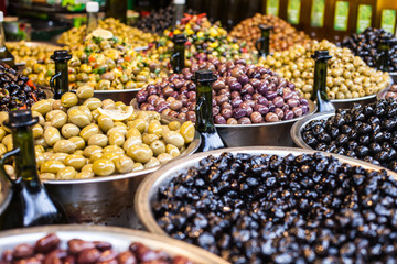 Assortment of olives on market,Tel Aviv,Israel