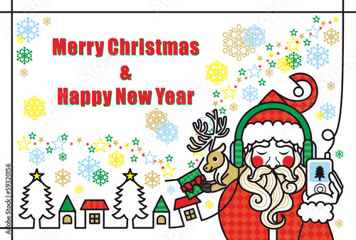 クリスマスカード用イラスト 音楽を聴くサンタクロースとトナカイのプレゼント Stock Vector Adobe Stock