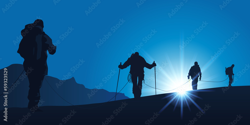 Cordée d'alpinistes marchant ensemble pour atteindre le sommet d'une montagne - obrazy, fototapety, plakaty 