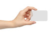 Hand holds virtual card on white background .