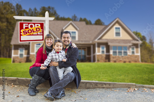 Fotografie, Obraz Mixed Race Family, Home, Sold For Sale Real Estate Sign