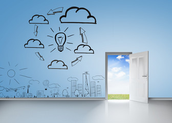 Poster - Brainstorm on blue wall with open door