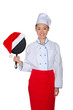Asian chef with frying pan in Santa hat