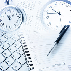 Wall Mural - clocks, calendar, diary, keyboard and pen. time management