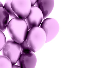 Many purple balloons fly on white