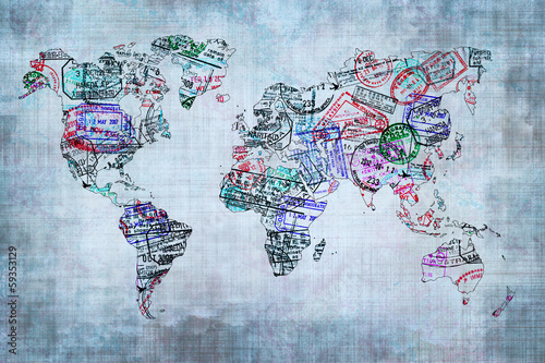 Nowoczesny obraz na płótnie World map passport stamps