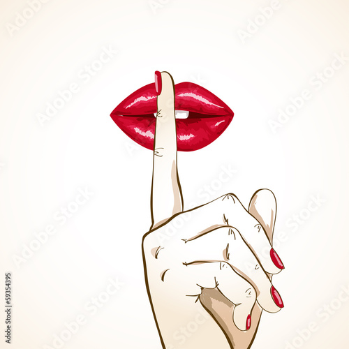 Obraz w ramie Illustration of woman lips with finger in shh sign