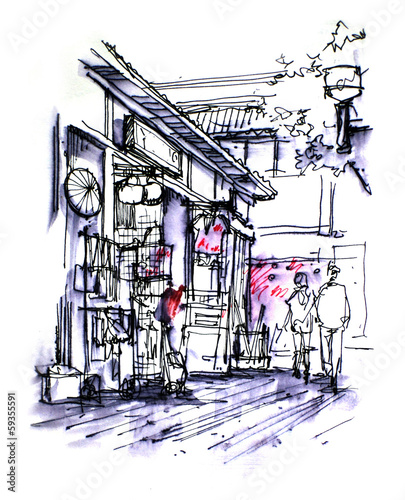 Naklejka - mata magnetyczna na lodówkę japanese shop front drawing