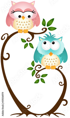 Obraz w ramie Cute Couple Owls On The Tree