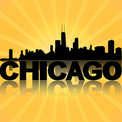 Wall Mural - Chicago skyline reflected with sunburst illustration