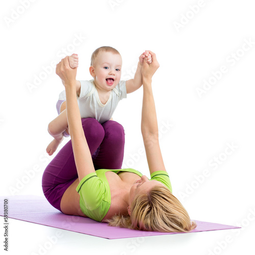 Foto-Stoff bedruckt - mother with baby boy doing gymnastics (von Oksana Kuzmina)