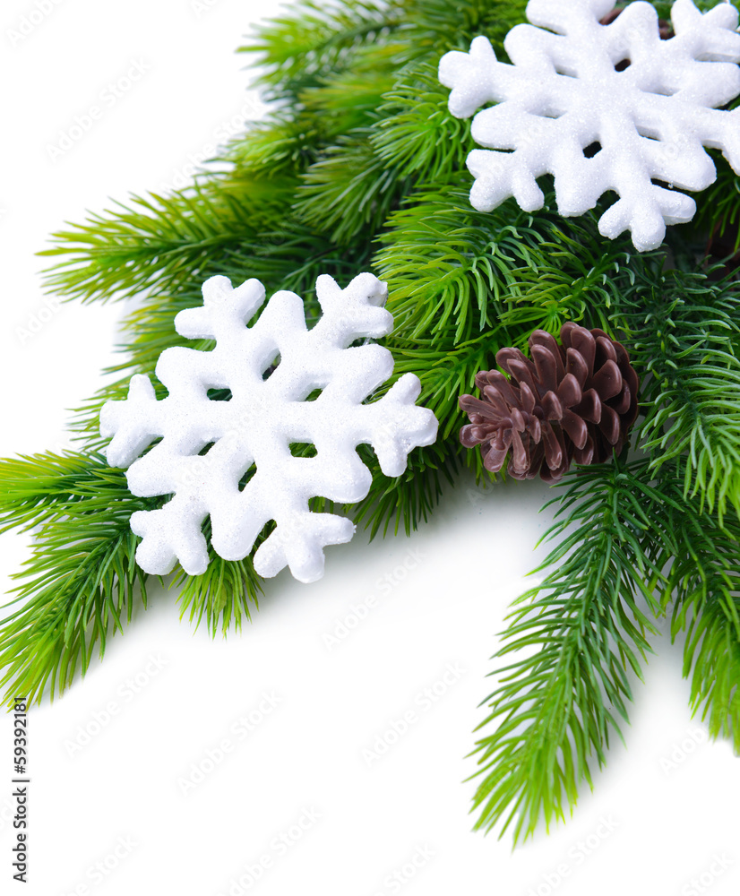 Christmas snowflakes  on fir tree, isolated on white