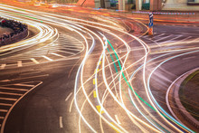 Light Trails On The Roundabout Road