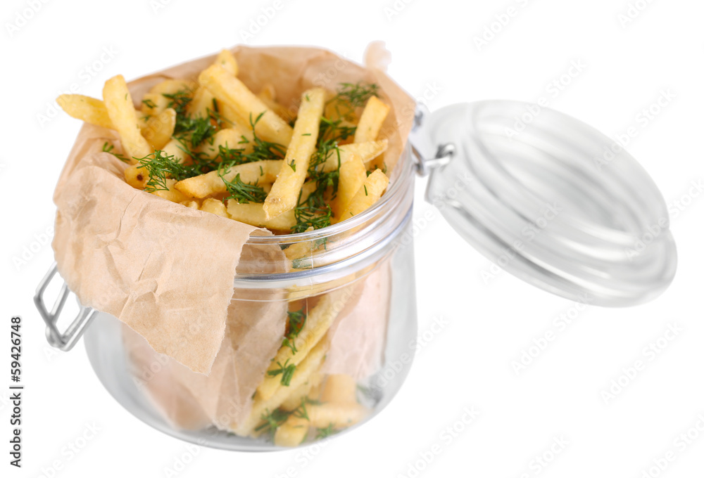 French fries in bank isolated on white