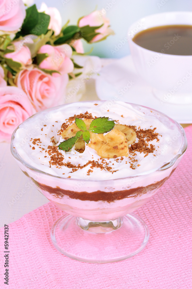 Delicious dessert with banana and caramel