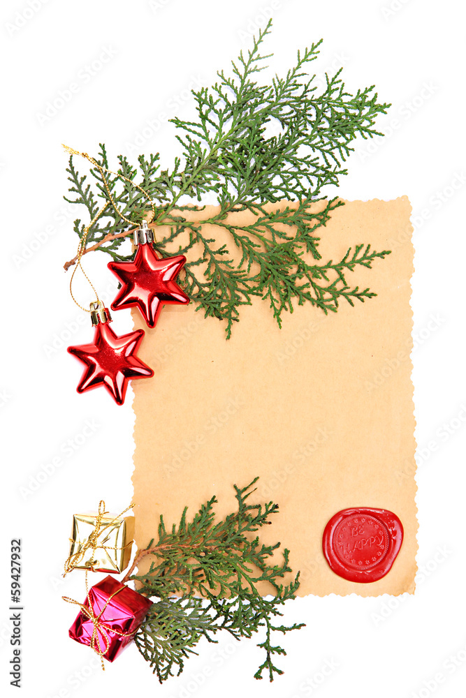 Frame with vintage paper and Christmas decorations isolated