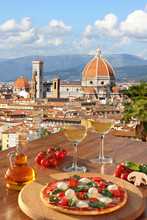 Florence With Cathedral And Italian Pizza In Tuscany, Italy