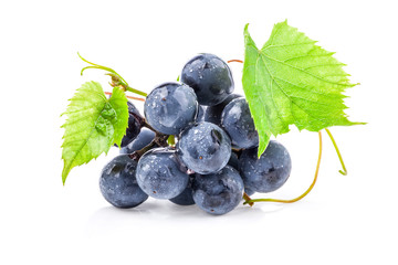 Poster - Ripe grapes with leaves, on white background