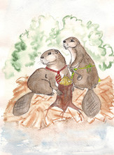 Fantastic Sea Otters In The Tie. Watercolor