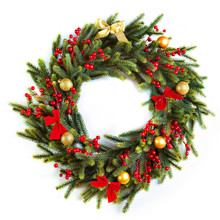 Beautiful Vintage Christmas Wreath Decorated With Red Ribbons An
