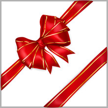 Red Bow With Diagonally Ribbons With Golden Strips