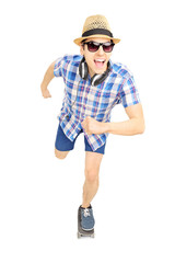 Sticker - Excited guy with hat and sunglasses skating on a skate board